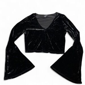 Black velvet blouse with long bell sleeves